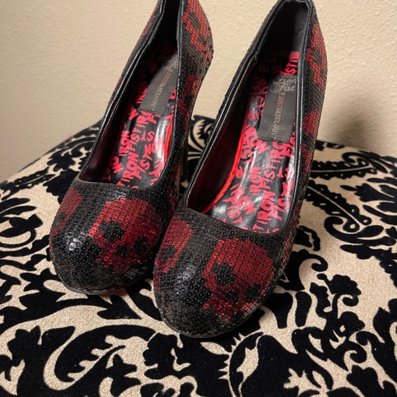 Black & Red Sequins Digi Skulls - Iron Fist Tempest Platform Stiletto Heels - Picture 6 of 11